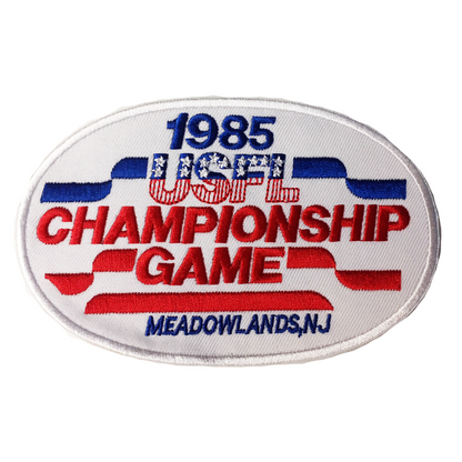 Oval USFL Championship Game patch worn on a vintage hockey jersey for collectors