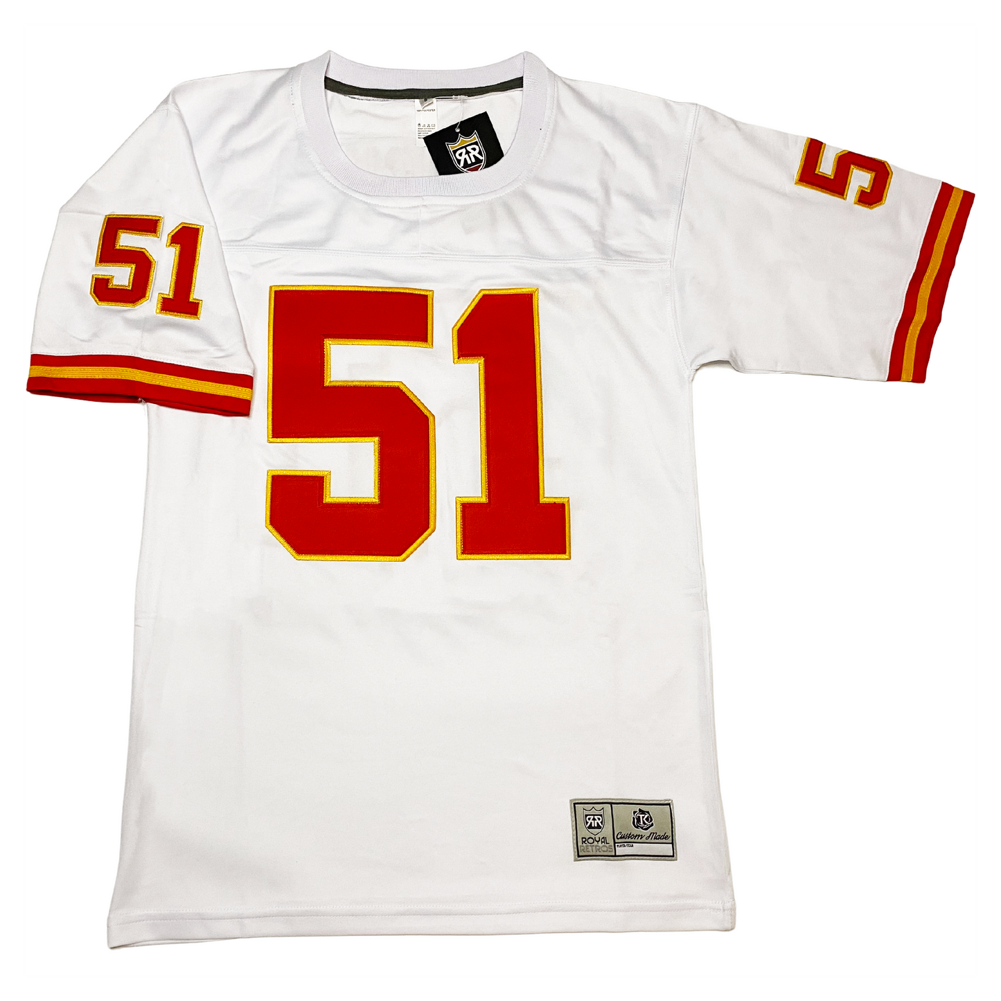 1990 Kansas City Chiefs jersey. White with red and gold trim on sleeve ends. Red #51 with Gold trim Royal Retros