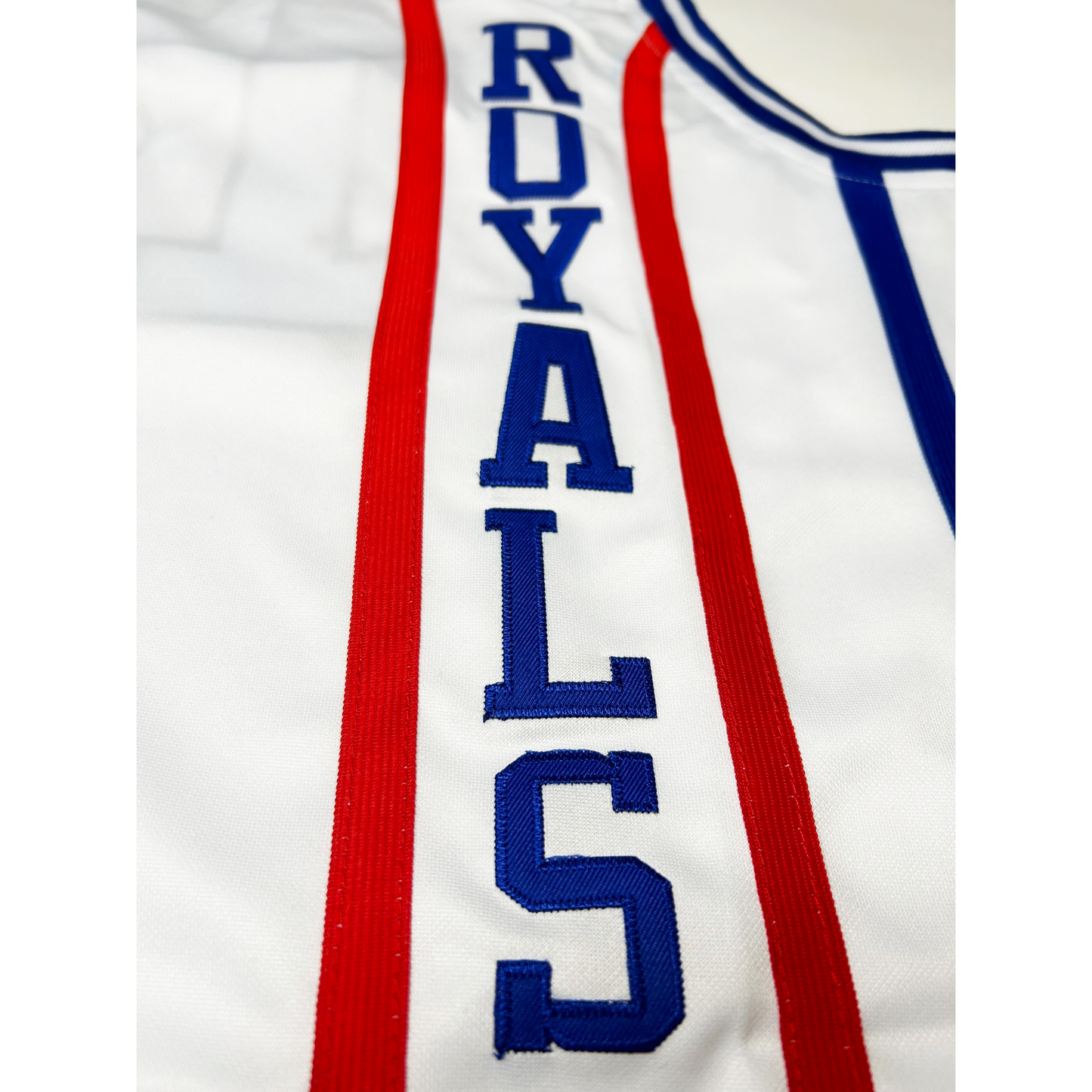 1971 Royals Jersey Cincinnati white front close-up Royals in blue with red stripes on either side  #22 Royal Retros