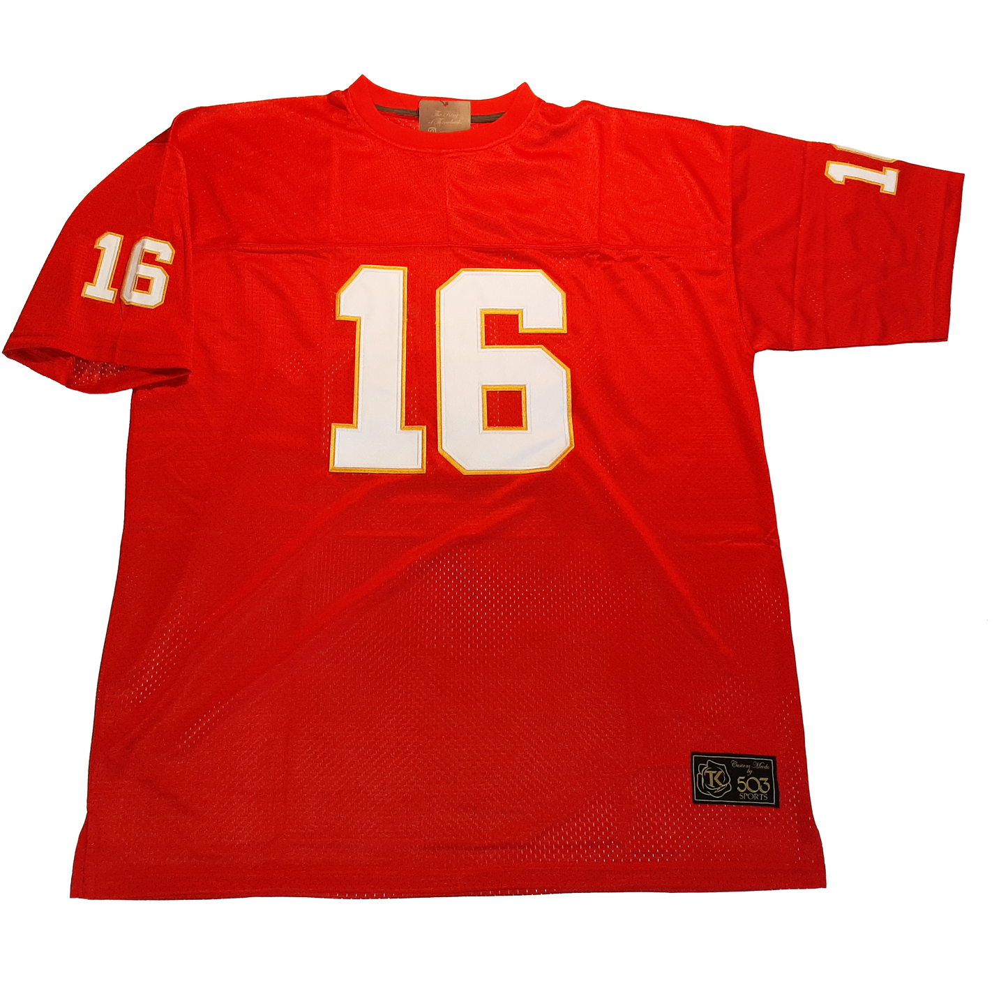 1960s Dallas Texans Len Dawson football jersey. Red. #16 in white with gold trim large on chest small on both sleeves. Royal Retros
