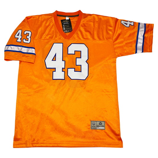 Denver Broncos 1980's throwback jersey. Orange. blue, white, blue stripes just above sleeve ends. #43 in white with blue trim. Large on chest small on shoulders. Royal Retros