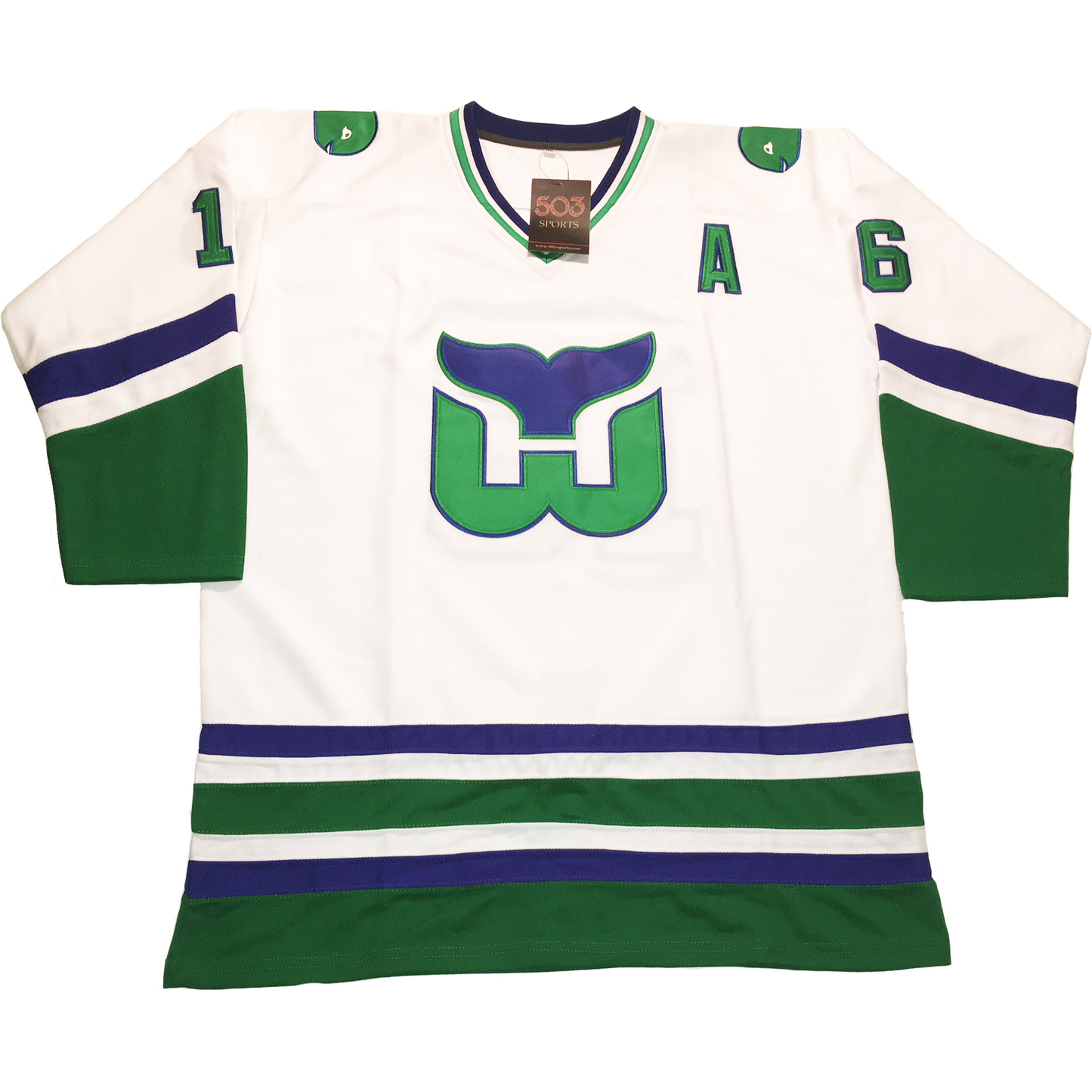 1979-91 Whalers Jersey white with blue, white, and green trim on sleeves and waist.  co-captain  A on left chest. W whale tail logo with blue tail and green W on chest Royal Retros