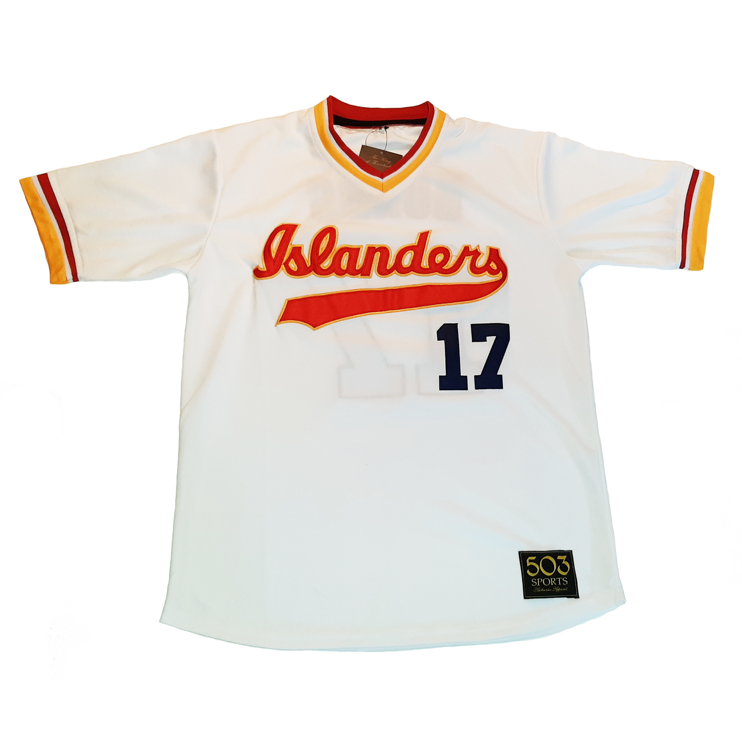 1986 Barry Bonds Hawaii Islanders baseball jersey white. Islanders script in red with gold trim across chest. #17 in black below right. Red, white. and gold trim on sleeve ends amd neck. Royal Retros