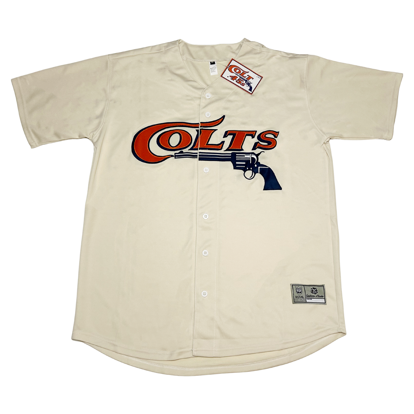 Houston Colt 45's Jersey white button-up. Stylized Colts in orange with blue trim on chest, with pistol in blue facing left underneath.  Royal Retros Houston Colt 45's Jersey
