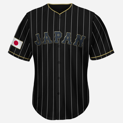 Japan button-up baseball jersey. Black. White pinstripes. JAPAN in block letters with gold trim across chest. Gold trim around neck and sleeves. Japanese flag on right sleeve/. Royal Retros