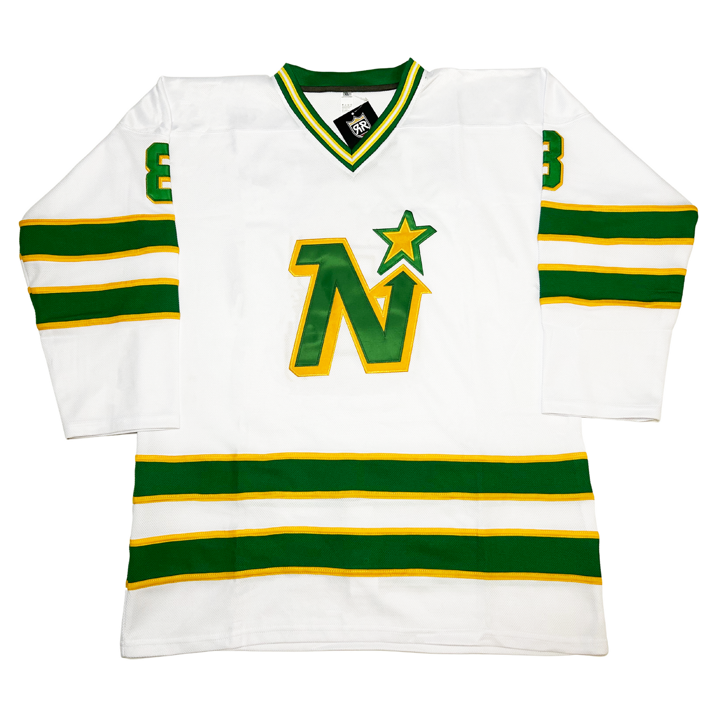 1970's Minnesota North Stars Jersey white with green and yellow trim on the neck, sleeves, and waist. Green N trimmed in gold with gold star trimmed in green above. Royal Retros