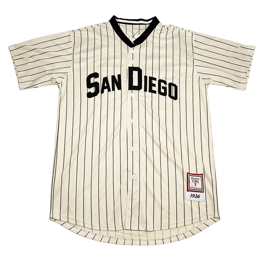 1936 PCL San Diego Padres Home button-up Jersey. White. Navy pinstripes. Navy trim on collar. San Diego in block letters arched across chest. Royal Retros