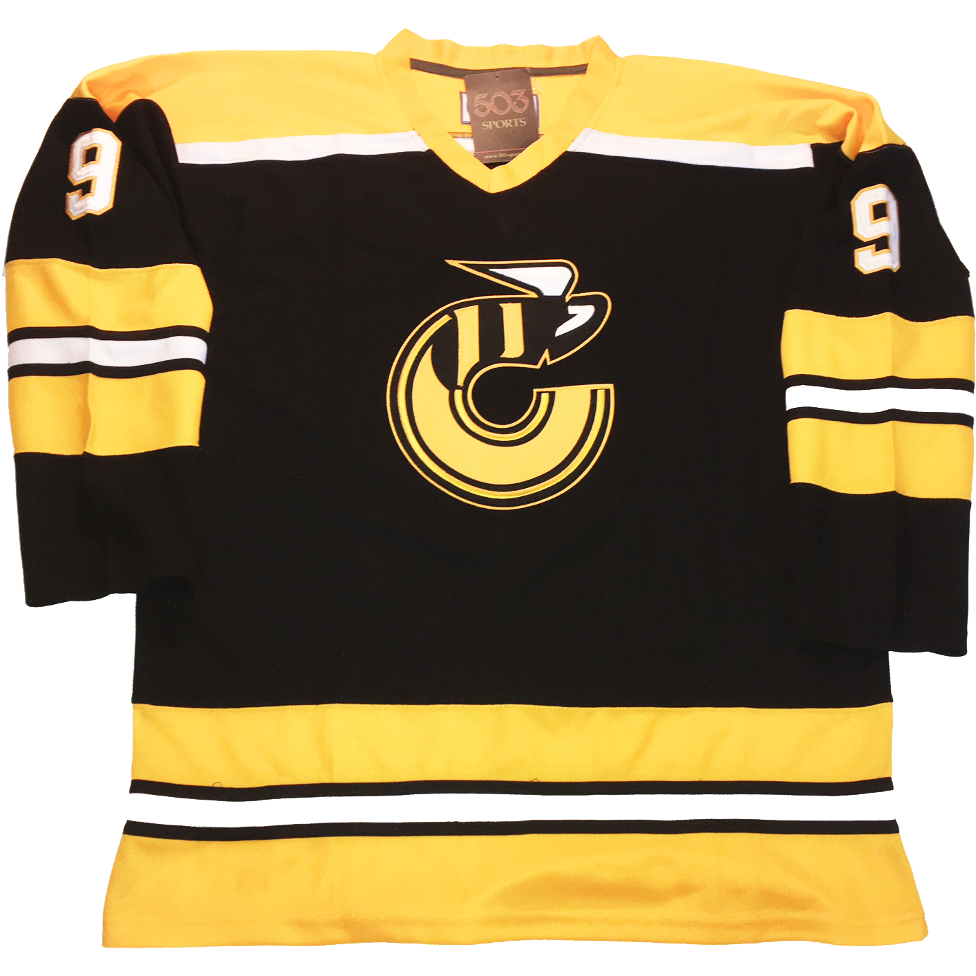 Cincinnati Stingers Jersey black with yellow shoulders with white trim. Yellow, black, and white bands on sleeves and waist. Stingers "C" logo on chest. #9 in white with gold trim on sleeves. Royal Retros