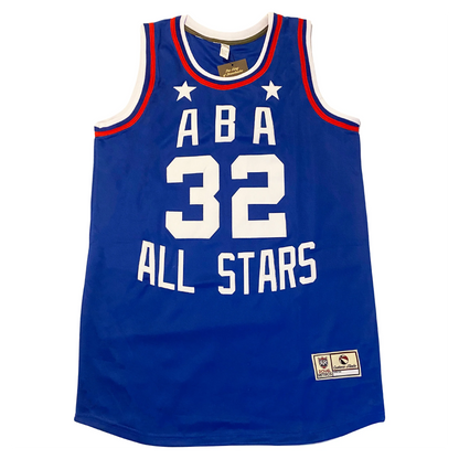 ABA All Star Jersey. Royal blue tank with red and white ribbed trim at the neck and armholes. ABA over a large 32 over ALL STARS in white block letters, with a white star at each shoulder.