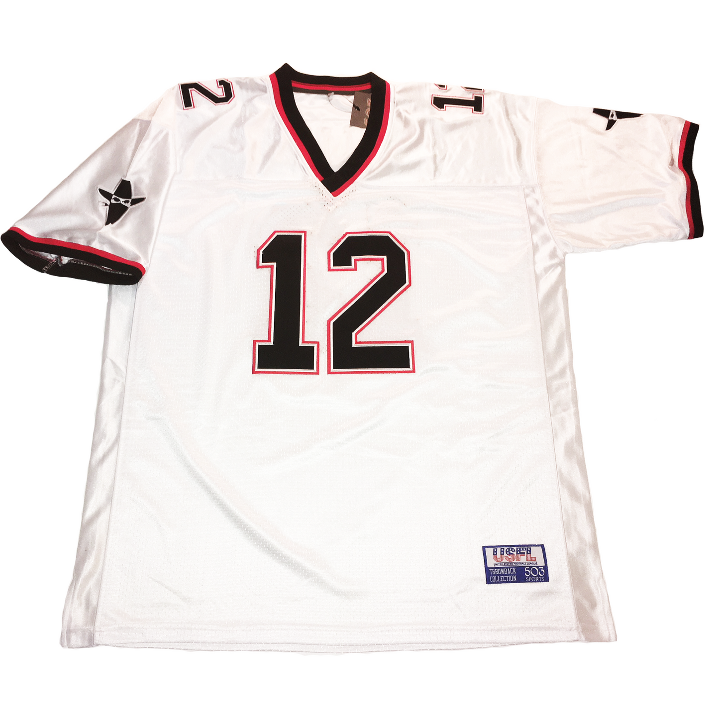 Arizona Outlaws USFL Jersey black. Black and red trim at sleeve ends and collar. #12 black  with red outline large on chest, small on shoulders. Outlaw logo, black cowboy hat and bandana with white detail on shoulders. Royal Retros