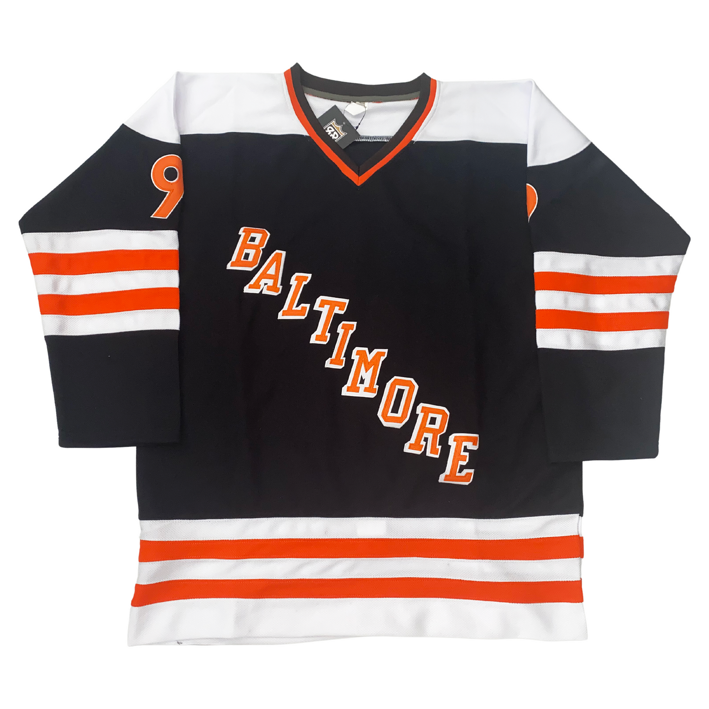 Baltimore Blades Jersey black. White shoulders. Black and orange collar. White, orange, white, orange, white bands mid-sleeve and around waist. BALTIMORE diagonal from right shoulder down to left waist, orange letters with white trim. #9 in orange with white trim on shoulders.   Royal Retros