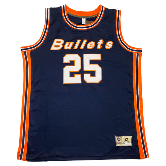 Baltimore Bullets jersey. Blue with orange, white, and blue trim on neck, shoulders, and down sides. Bullets in white across chest in white with orange trim. #25 below in white with orange trim. Royal Retros