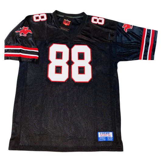 Tampa Bay Bandits USFL Jersey black. Red, white, black, white, red with white stripes above sleeve ends. Red horse rider with white trim on upper sleeves.  #88 white with red trim large on chest small on shoulders. Royal Retros