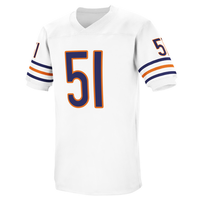 Chicago Bears jersey white. Blue, orange and blue bands on sleeves. #51 blue with orange trim large in chest, small on shoukders. Royal Retros