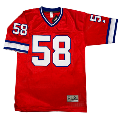 Buffalo Bills red jersey. Blue, white, and blue bands on neck and sleeve ends. #58 in white with blue trim, large in chest small on shoulders. Royal Retros. 