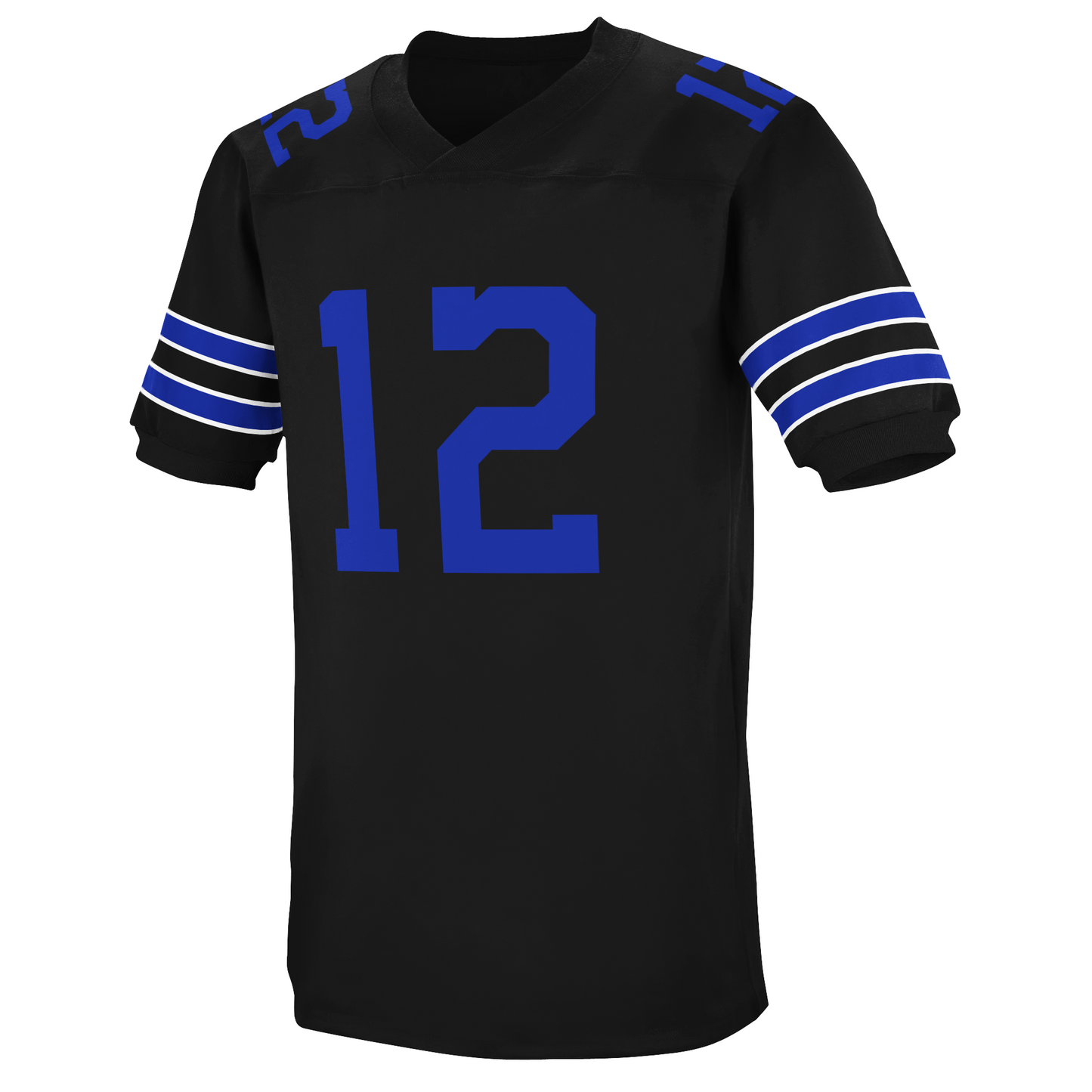 Black Dallas Rockets Jersey with blue number 12, featuring heavyweight sewn tackle twill