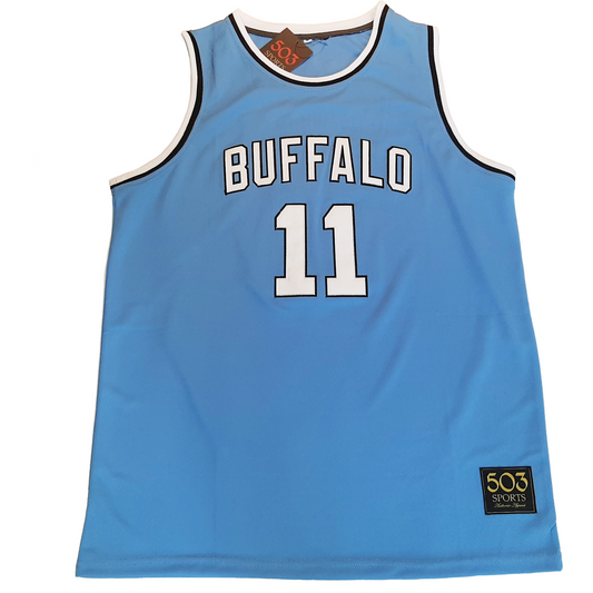 bob mcadoo buffalo braves light blue jersey #11 in white with dark blue trim. Buffalo arched across top in white letters with dark blue trim.  Royal Retros