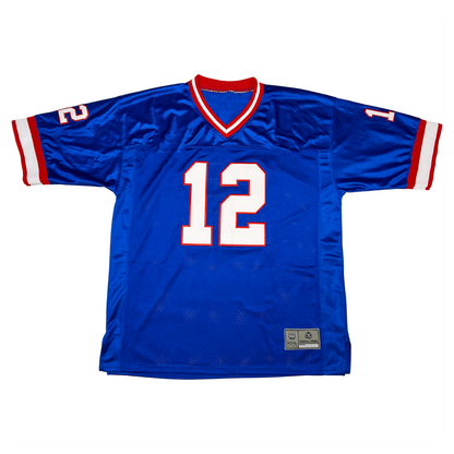 Buffalo Bills jersey blue. Red, white, and red bands on neck and sleeve ends. #12 in white with res trim, large on chest, small on sleeves. Royal Retros