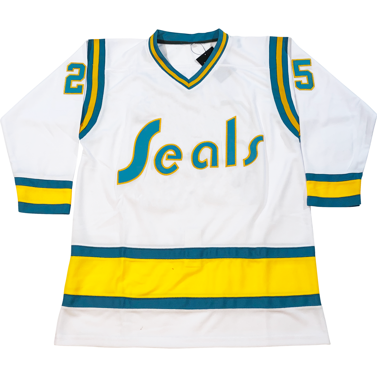 California Golden Seals Jersey white front, Teal and yellow trim on sleeves and waist.  Seals in teal with yellow trim on chest. Royal Retros