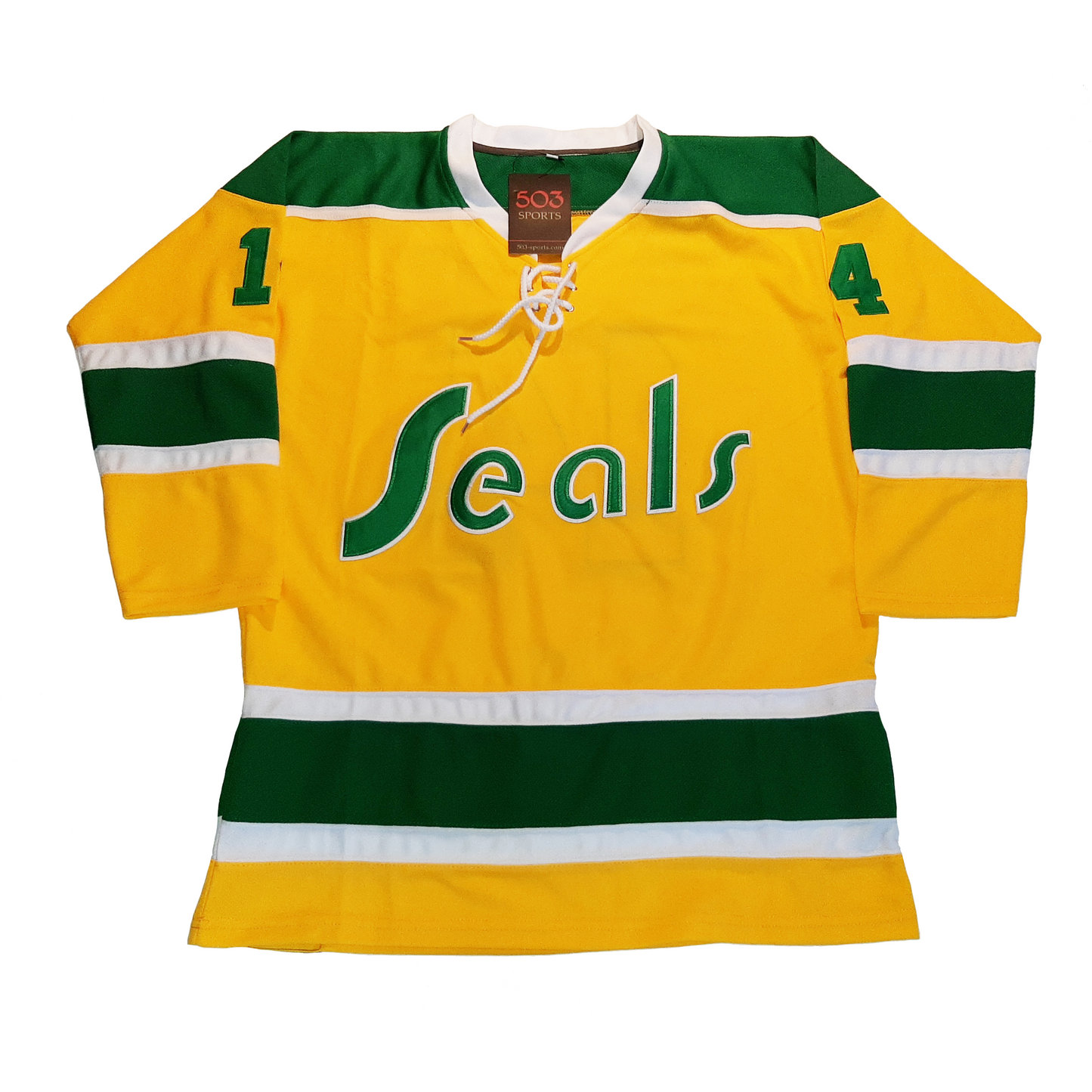 California Golden Seals Jersey yellow front. Green and white trim on sleeves, shoulders, and waist. Seals in green with white trim. #14in green. Royal Retros