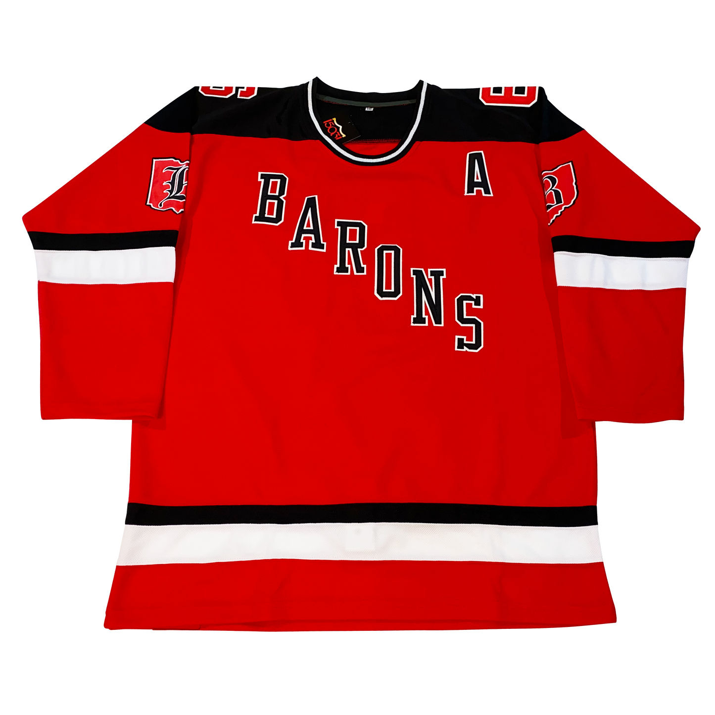 Cleveland Barons Jersey proposed diagonal black Barons with white trim on red. Black and white trim on sleeves and waist. Black Barons B on red Ohio on Shoulders. Co-captain A on left chest Royal Retros