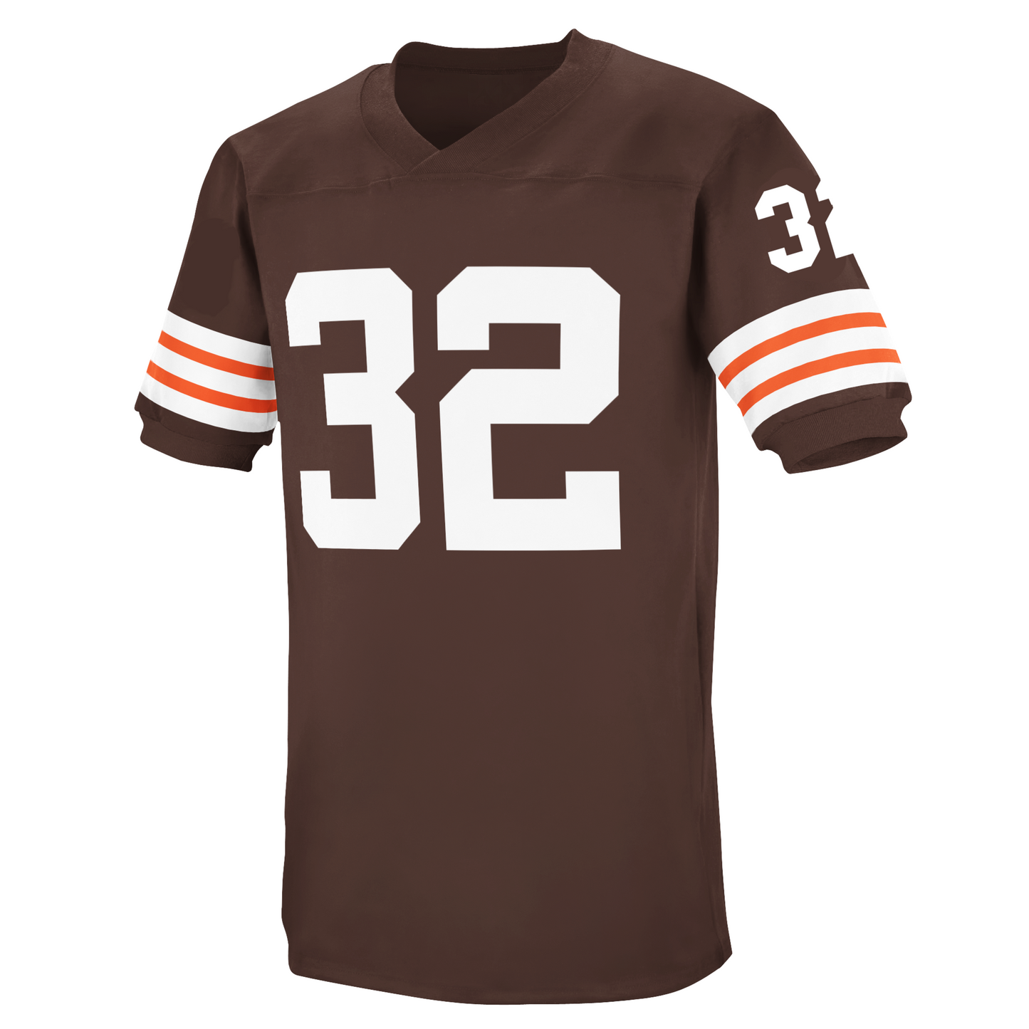 Brown Jersey Jays Jersey featuring white number 32 with orange stripes in tackle twill