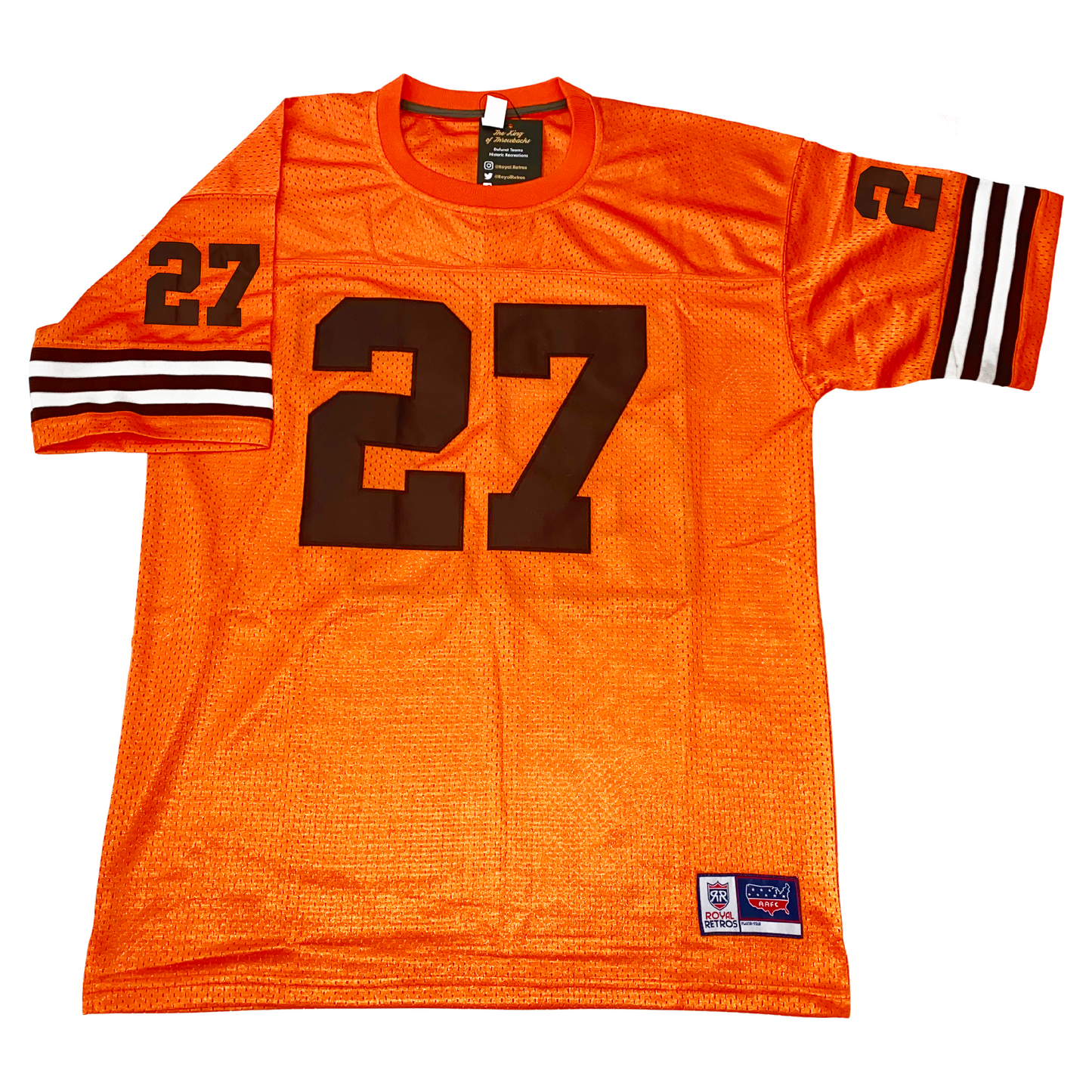 Orange Jersey Jays Jersey featuring brown numbers and tackle twill design