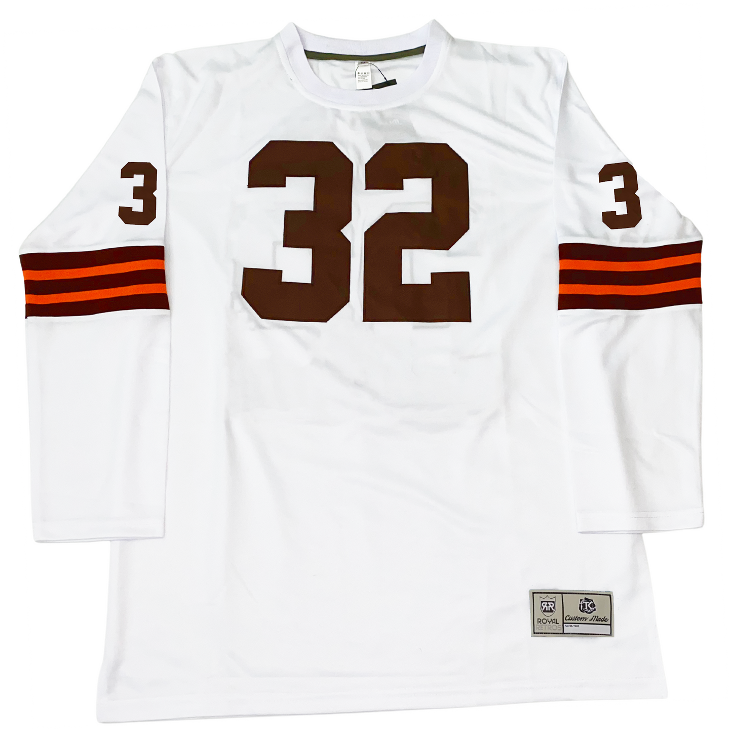 White Jersey Jays jersey featuring brown numbers and tackle twill design for a custom look