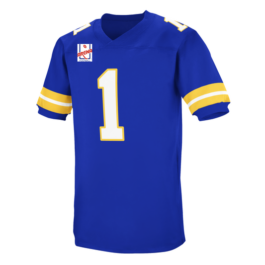 Blue Denver Dynamite AFL Jersey with yellow accents, featuring heavyweight sewn tackle twill