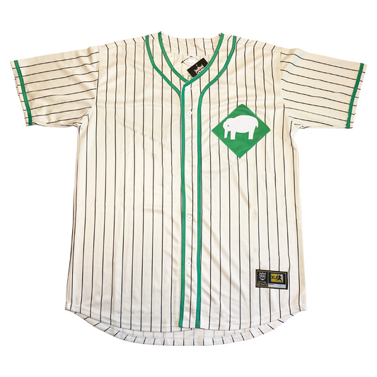 Denver White Elephants negro league button-up jersey. White with black pinstripes. Green trim on sleeve ends, around neck, and down front. Elephants logo, white elephant on green diamond on right upper chest. Royal Retros