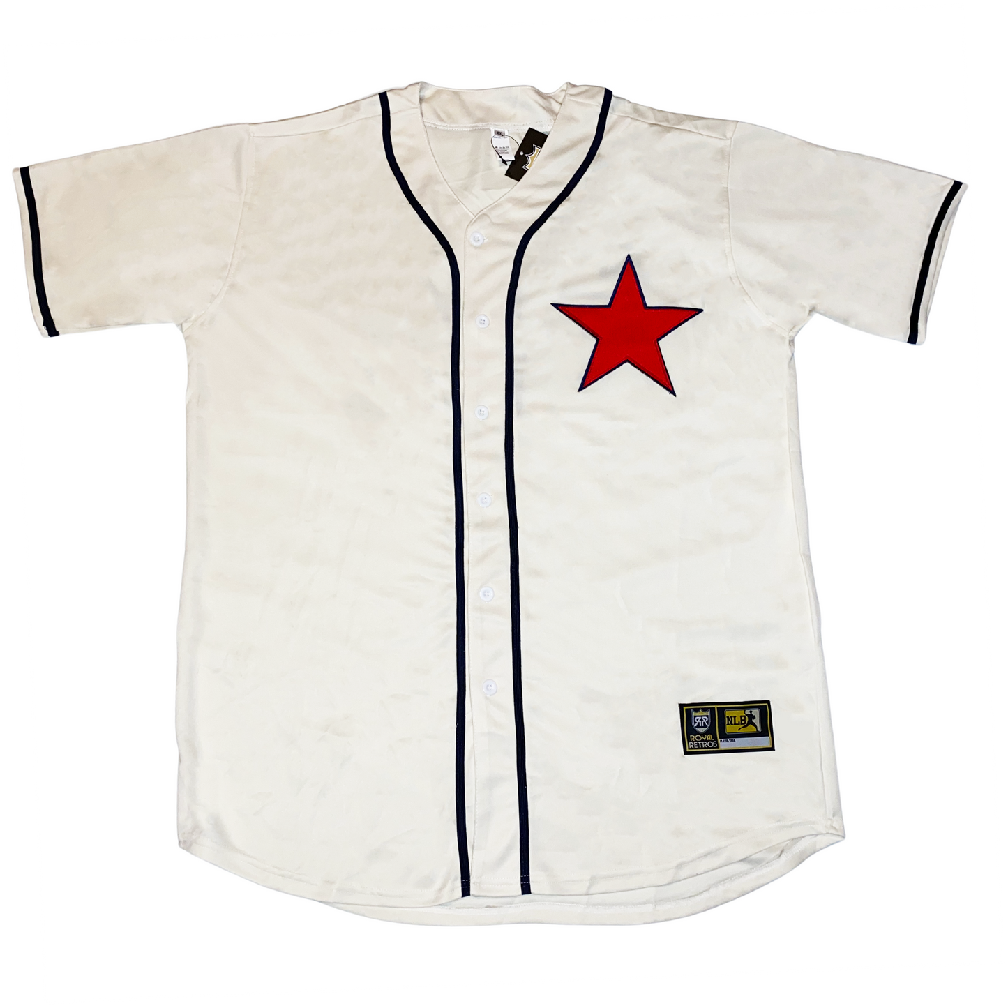 detroit stars negro leagues button-up jersey white with blue trim at sleeve ends, around neck and down front on either side of buttons. Red star with blue trim on left chest. Royal Retros