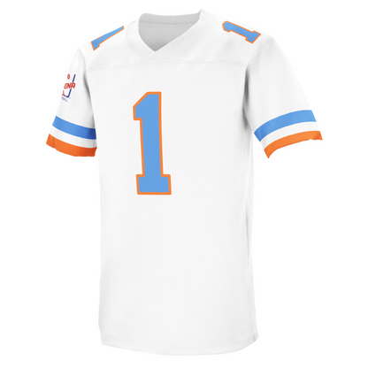 Detroit Drive AFL Jersey. white. Blue, white, and orange bands just above sleeve ends. #1 in  blue with orange trim large on chest, small on shoulders. Arena League original logo on upper right sleeve. Royal Retros.