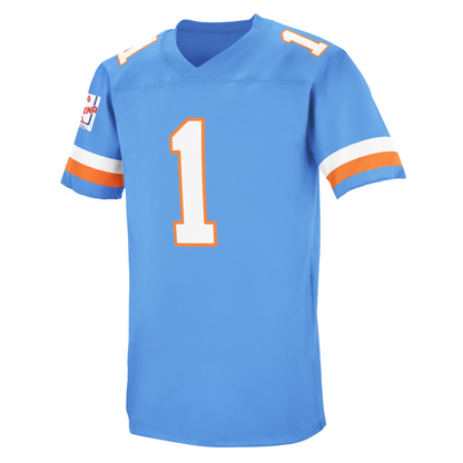 Detroit Drive AFL Jersey. Light blue. White and gold bands just above sleeve ends. #1 in  gold with white trim large on chest, small on shoulders. Arena League original logo on upper right sleeve. Royal Retros.