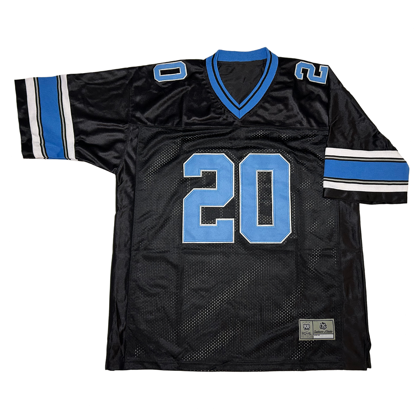 Detroit Lions jersey. Black. Small, white, thin silver, then thick blue, thin silver, thin white then black. Large white #20 on chest, small on shoulders. light blue, light blue collar. Royal Retros