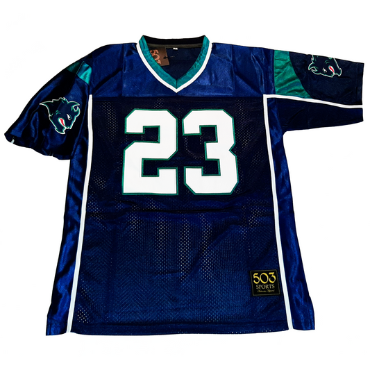 Hamburg Sea Devils Jersey navy  blue with white trim down sides and inside arms.  Royal blue shoulders. #23white with teal trim large on chest. Blue demon face on sleeves. Teal trim at top of sleeves. Royal Retros