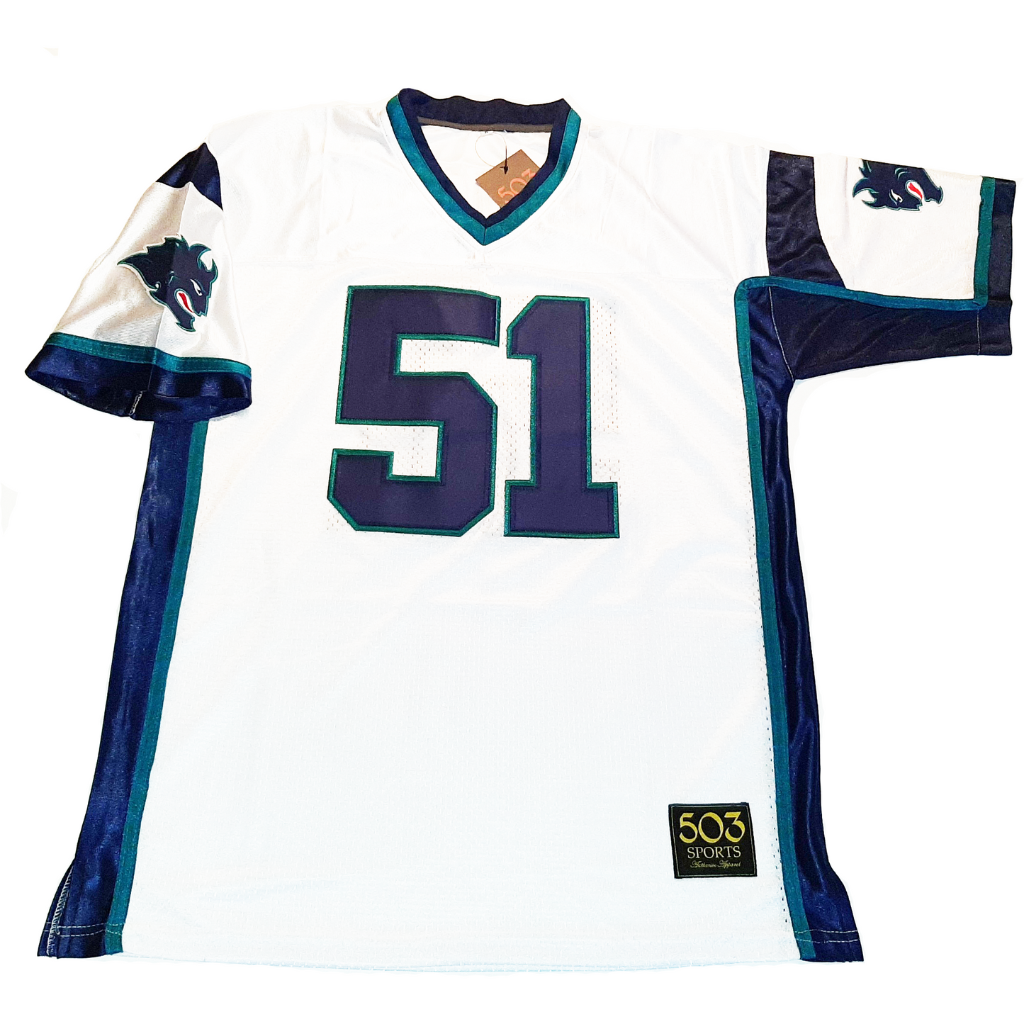 Hamburg Sea Devils WLAF Jersey white with navy blue trim with teal on either side. Navy and teal collar and sleeve ends. #51 navy with  teal trim. Demon face on sleeves.  Royal Retros