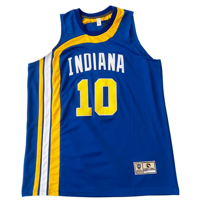 Indiana Basketball Jersey. Royal blue tank with gold and white side panels and gold shoulder trim. INDIANA in white across the chest with a gold 10 below.