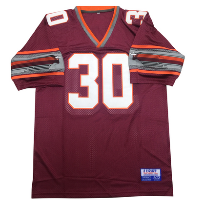 Jacksonville Bulls USFL Jersey purple. Orange and silver collar. Big silver band with thin orange above and below. Streaking bull logo in silver band. Marron bull with white horns and orange streaks. #30 white with orange trim large on chest, small on shoulders. Royal Retros