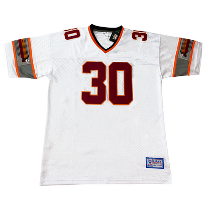 Jacksonville Bulls USFL Jersey white. Orange and maroon collar. Big silver band with thin orange above and below. Streaking bull logo in silver band. Marron bull with white horns and orange streaks. #30 maroon with orange trim large on chest, small on shoulders. Royal Retros