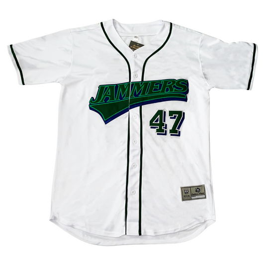 White Jamestown Jammers Jersey featuring a vintage baseball design and style