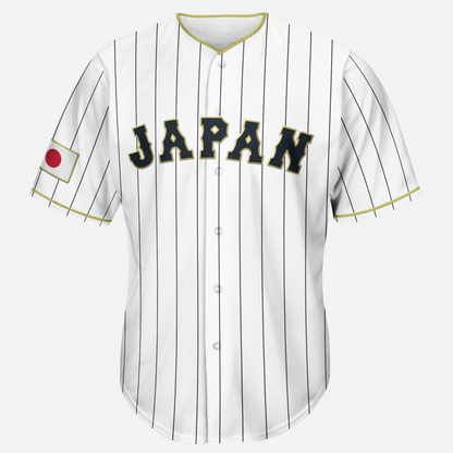 Japan button-up baseball jersey. White with black pinstripes. JAPAN in block letters navy with gold trim. Gold trim around collar and sleeve ends. Japanese flag on right sleeve. Royal Retros