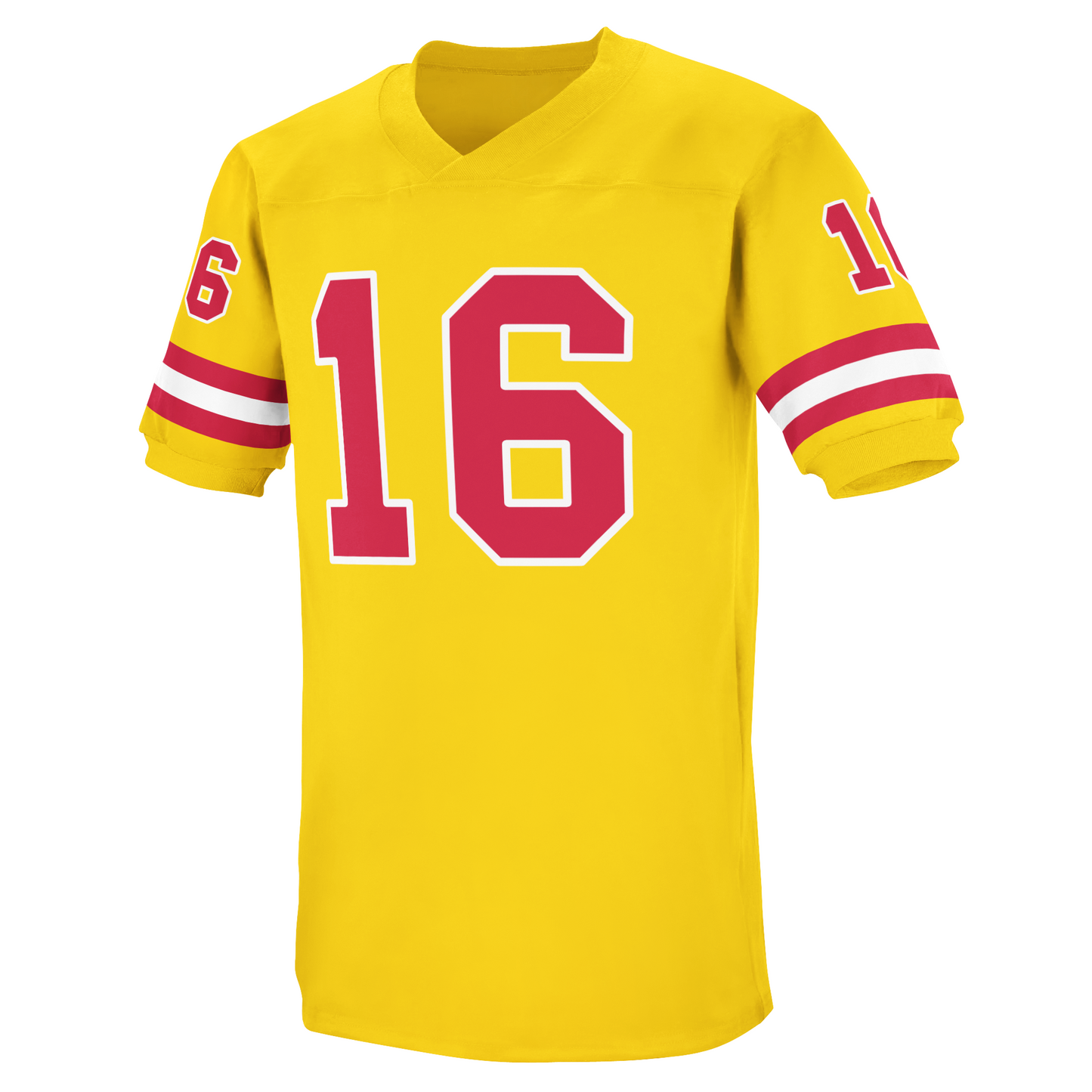 Kansas City Chiefs yellow jersey with red and white trim just above sleeve ends. Red #16 with white trim large on chest, small on upper sleeve. Royal Retros.