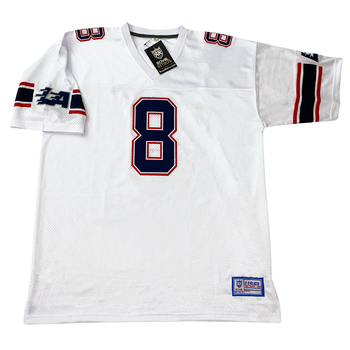 LA Express USFL Jersey white. Red , white, blue, and red trim on shoulders, with LA with swoosh marks logo on shoulders. #8 blue with red trim large on chest, small on shoulders. Royal Retros 