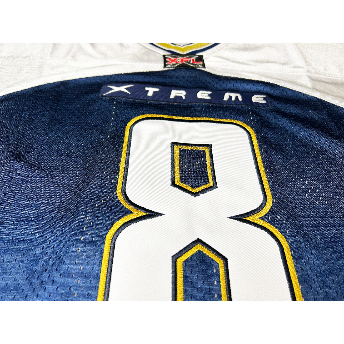 Los Angeles Xtreme XFL Jersey close-up #8 blue jersey with white trim Royal Retros