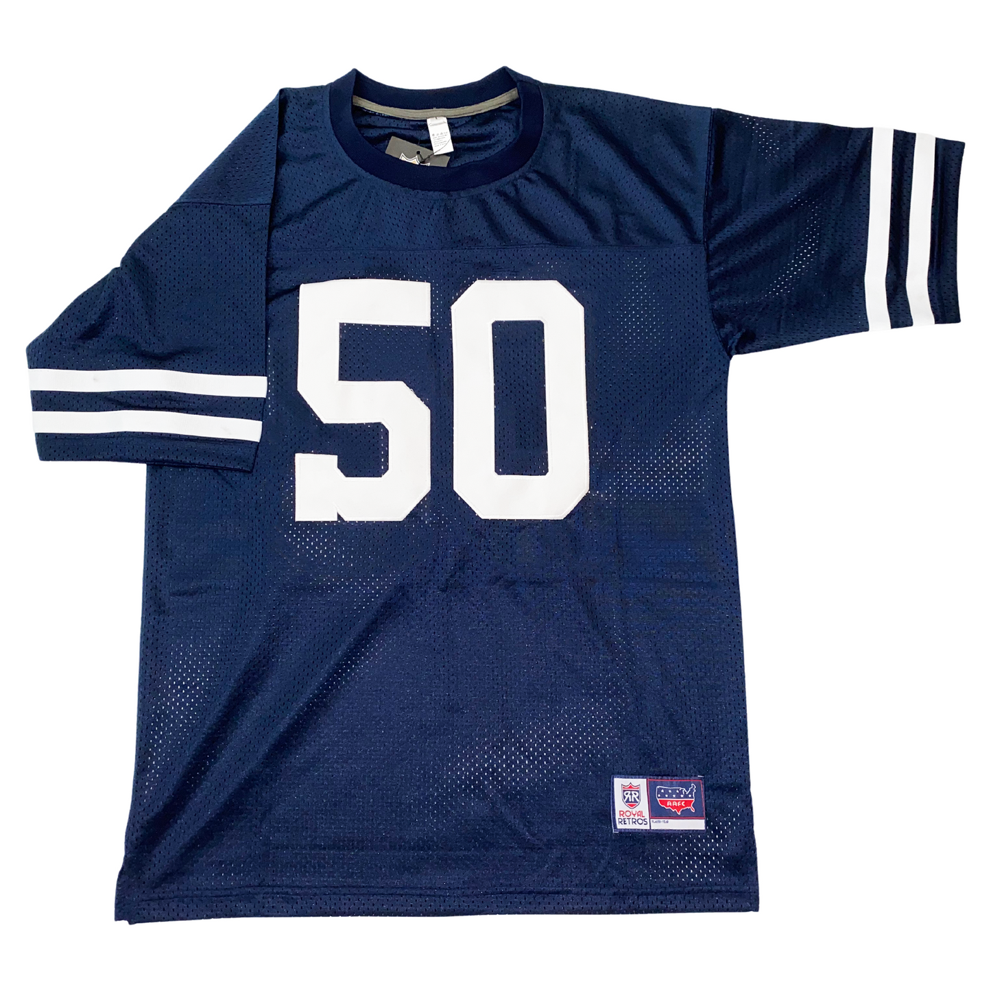 Los Angeles Dons AAFC Jersey blue.  Two white stripes on sleeve ends. White #50 Royal Retros