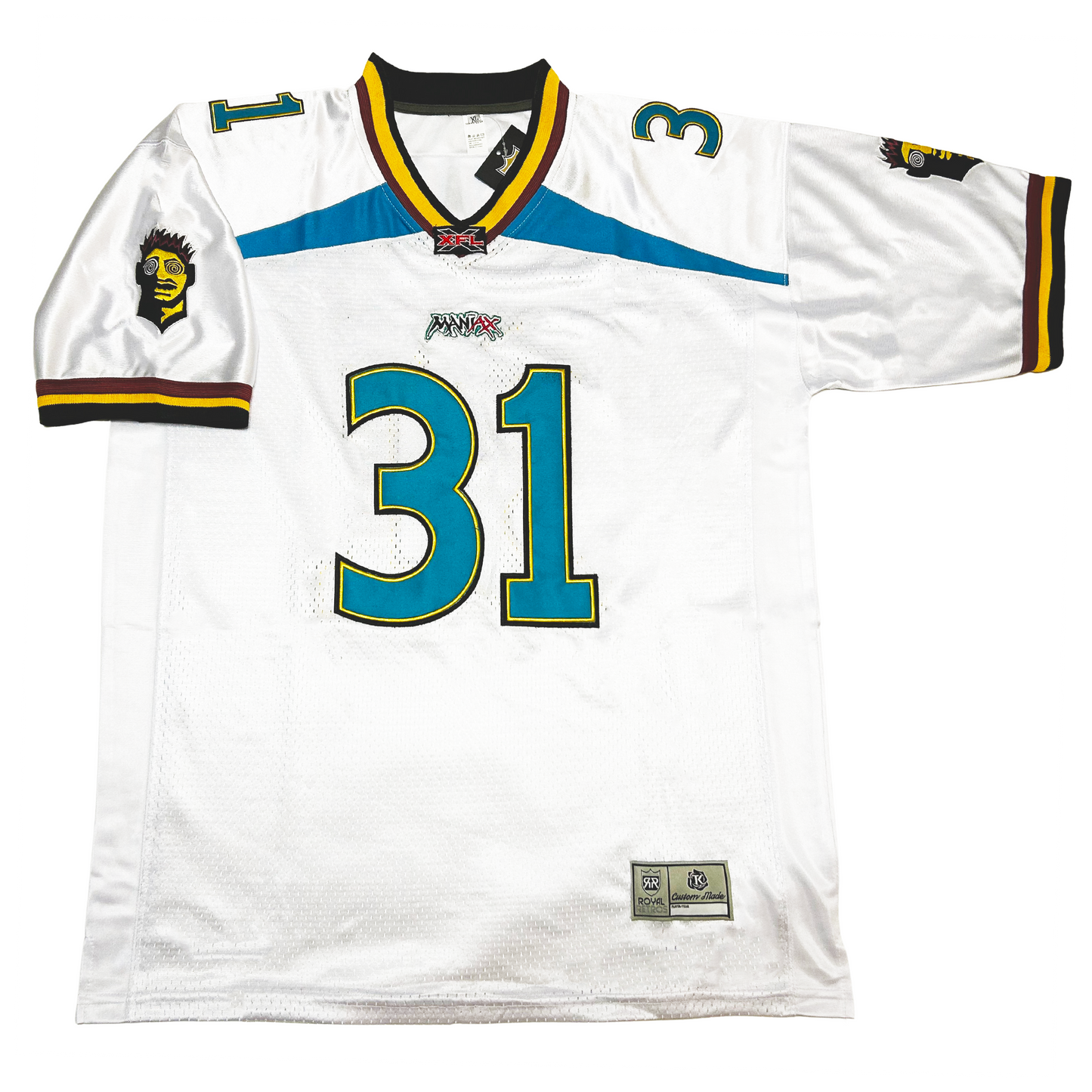 Memphis Maniax XFL Jersey white with greem numerals #31 Royal Retros