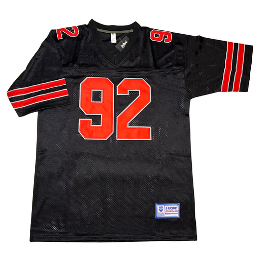 Memphis Showboats jersey black #92 with red numbers and trim, large on chest, small on shoulders. Two red bands with white trim on sleeves. Royal Retros