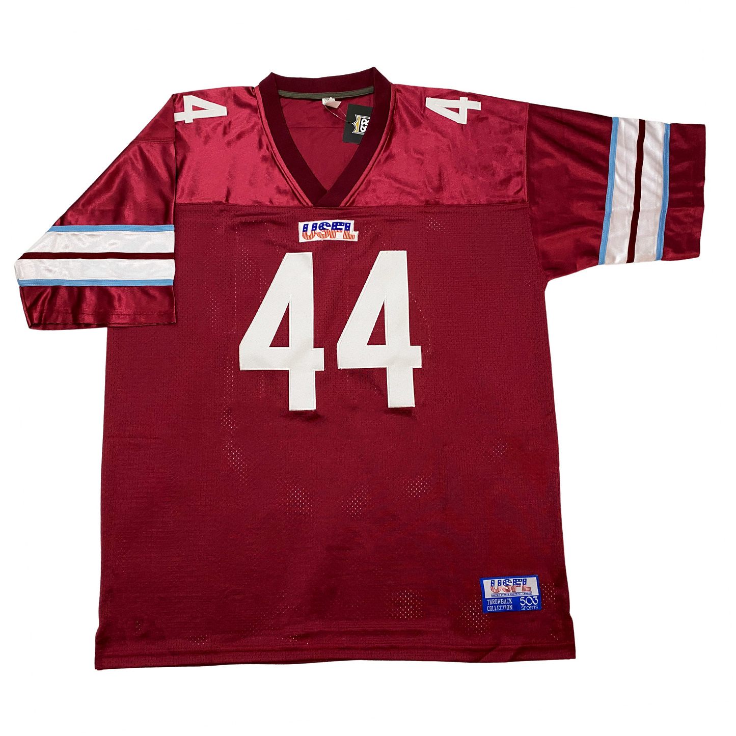 Michigan Panthers USFL Remix Jersey purple front. Thin blue, thick white, thin purple, thick white, thin blue bands on sleeves.  #44 white with blue trim large on chest small on shoulders. Royal Retro