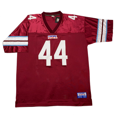 Michigan Panthers USFL Remix Jersey purple front. Thin blue, thick white, thin purple, thick white, thin blue bands on sleeves.  #44 white with blue trim large on chest small on shoulders. Royal Retro