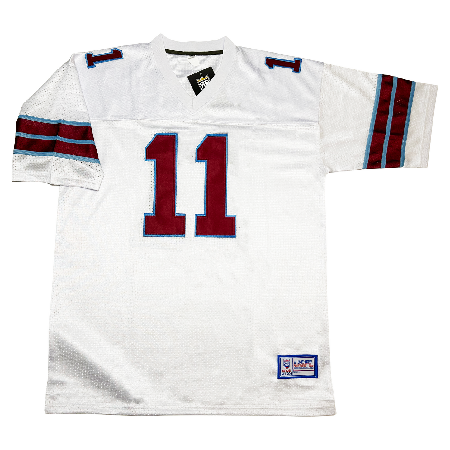 Michigan Panthers USFL Jersey. White. Thin blue, thick purple, thin blue, thick purple, thin blue bands above sleeve ends, #11 in purple with blue trim, large on chest, small on shoulders. Royal Retros 